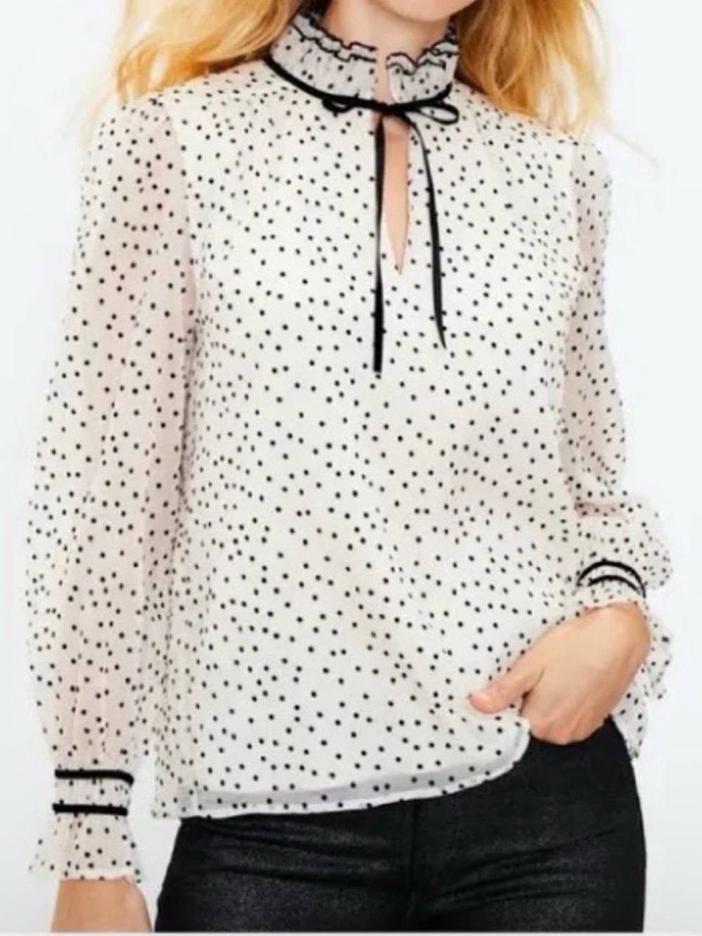 LOFT White Polka Dot Ruffle Tie-Neck Blouse